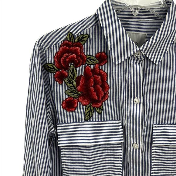 Rails | Frances Banker Stripe Button Up Long Sleeve Shirt with Floral Patches - Picture 3 of 9